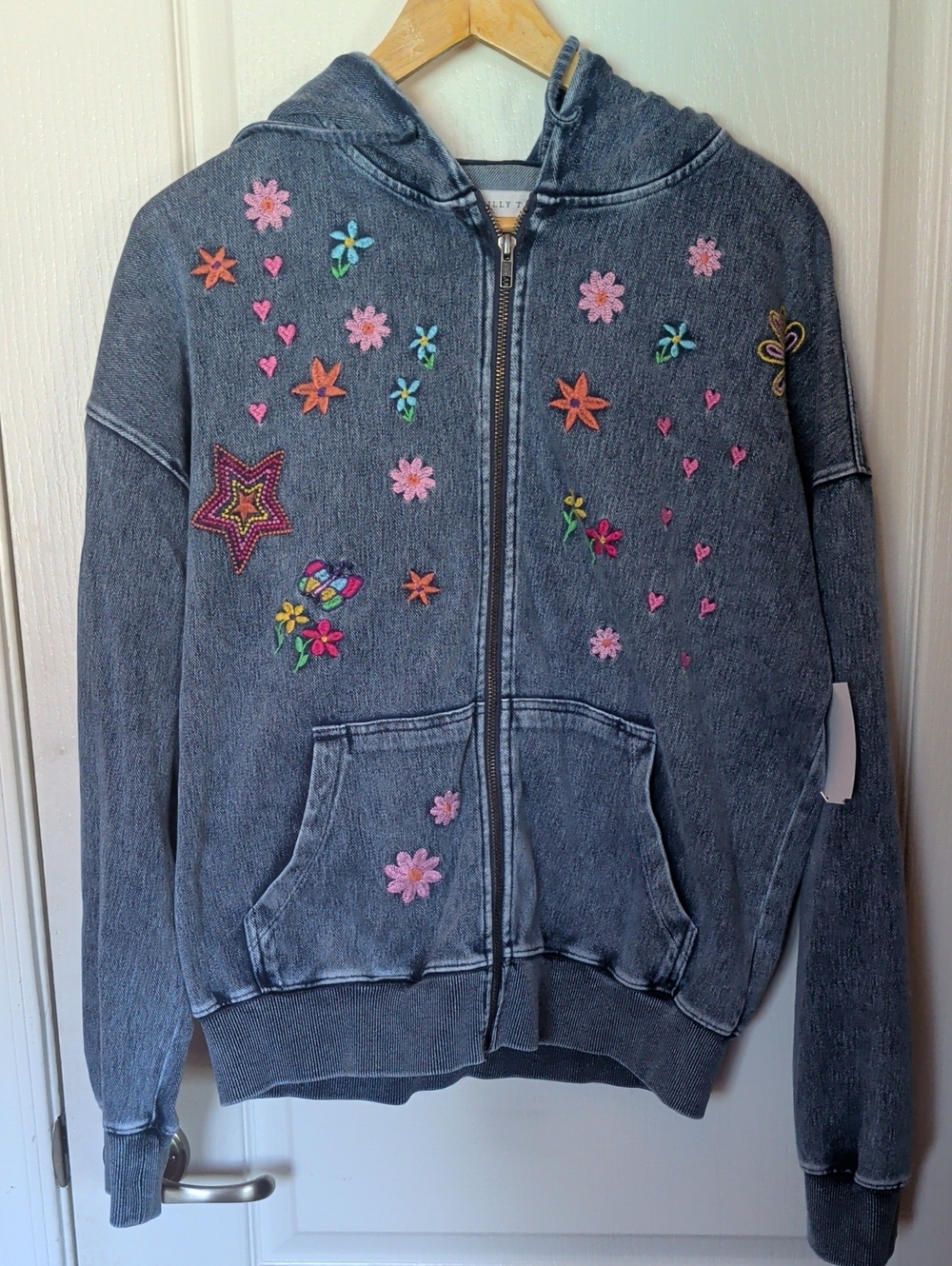 🌸💛Billy T  Embroidered Denim Zip-Up Hoodie Jacket - Picture 7 of 11